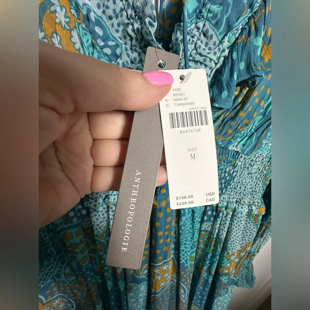 NEW Anthropologie The Odetta Ruffled V-Neck‎ Maxi LS flowy Dress Teal Size  M - Picture 12 of 17